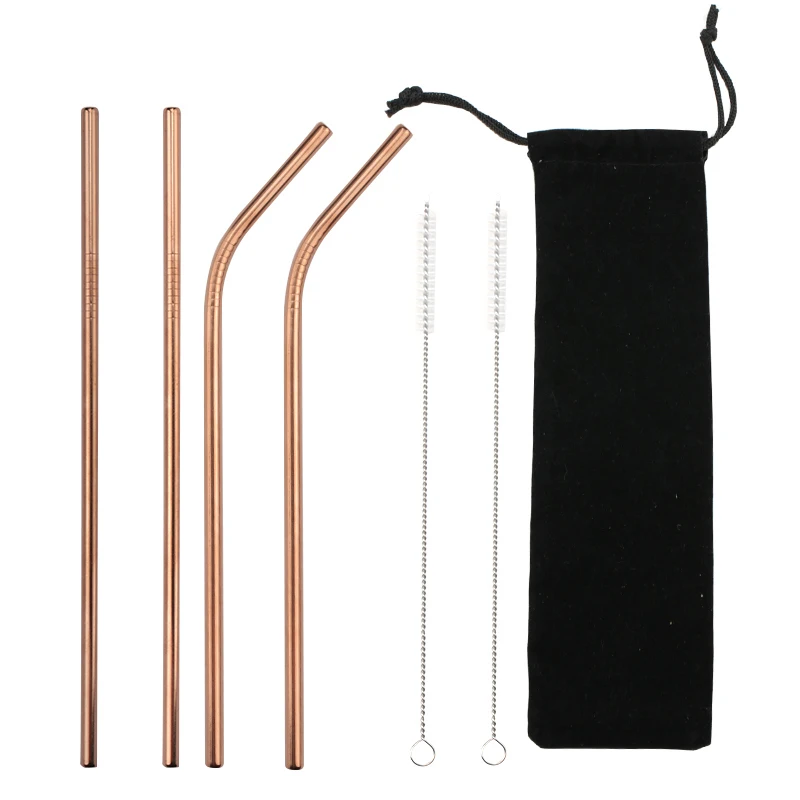 B2 Rose Gold(4Pcs) 2/4 шт. Нержавеющая сталь соломенная многоразовая металла питьевой соломы с чистящая щетка для дома Вечерние Барные аксессуары - Цвет: B2 Rose Gold(4Pcs)