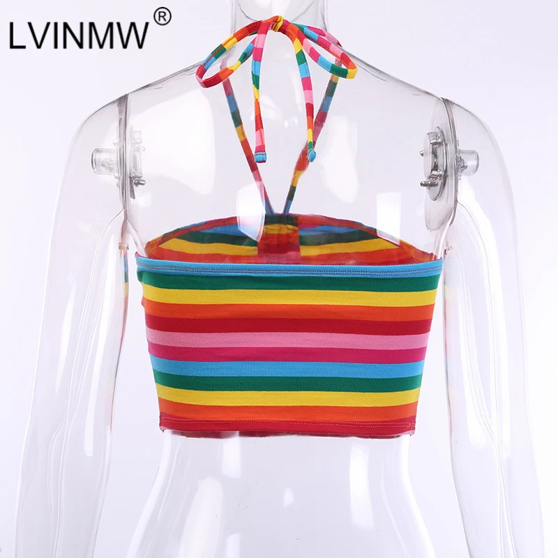 Женский топ LVINMW в радужную полоску на завязках с вырезом лодочкой и открытой