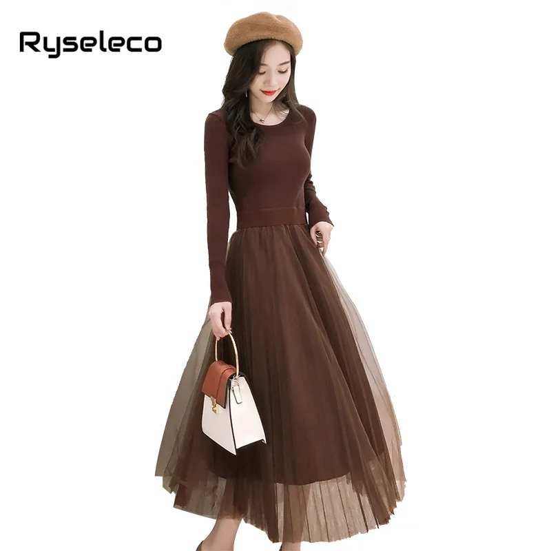 Женское трикотажное платье-пачка с длинными рукавами Осеннее эластичное