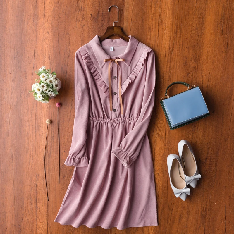 Женское плиссированное платье однотонное повседневное вельветовое в Корейском