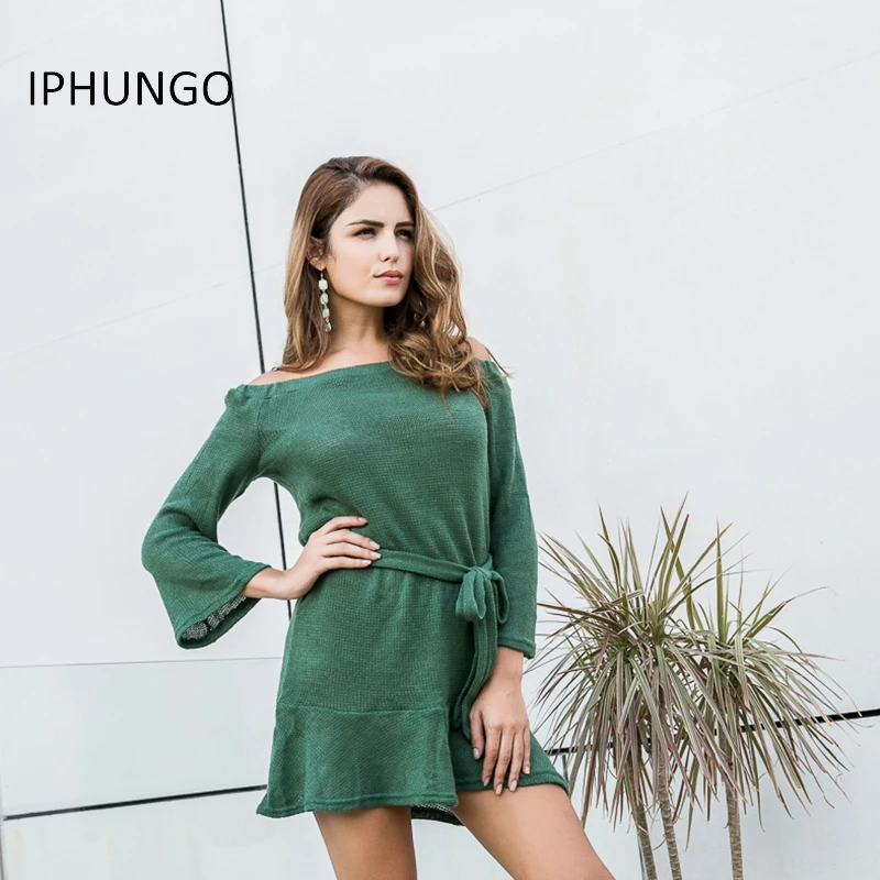 Пикантные с открытыми плечами Вязание Платья-свитеры Для женщин Элегантный