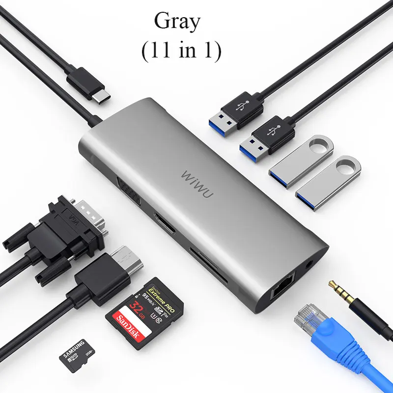 Gray WIWU 11 в 1 мульти usb-хаб для MacBook Pro USB адаптер док-станция для зарядки type-c концентратор HDMI RJ45 VGA USB разветвитель 3,0 USB C концентратор - Цвет: Gray
