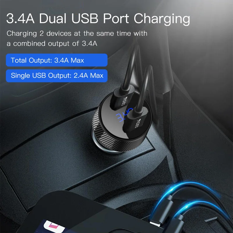 Yesido Y31 3.4A двойной Переходник USB для зарядки в машине цифровой дисплей быстрое зарядное устройство для телефона планшета напряжение тока монитор автомобильное зарядное устройство
