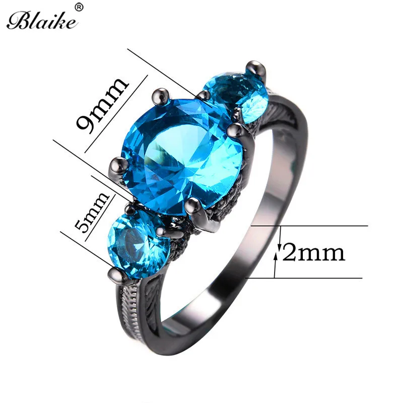 Blaike Three Aqua Blue Stone Cubic женские кольца на палец Vintage Black Gold Filled Свадебный ювелирные