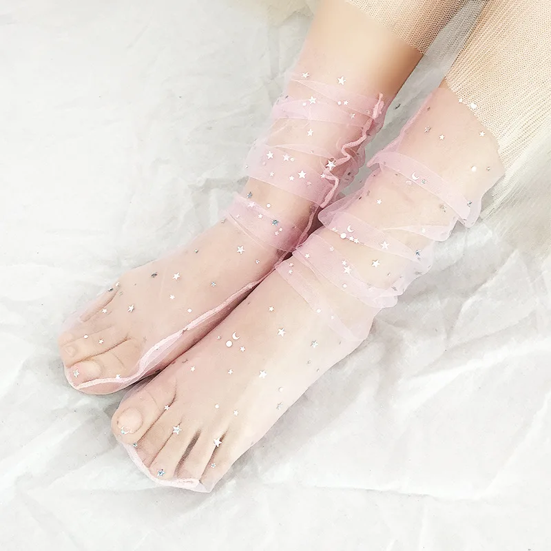 New Chic Fashion Glitter Stars Socks Women Harajuku Soft Mesh Transparent Shinny Fishnet Hosiery Sox Ankle Socj Mujer Calcetines | Женская
