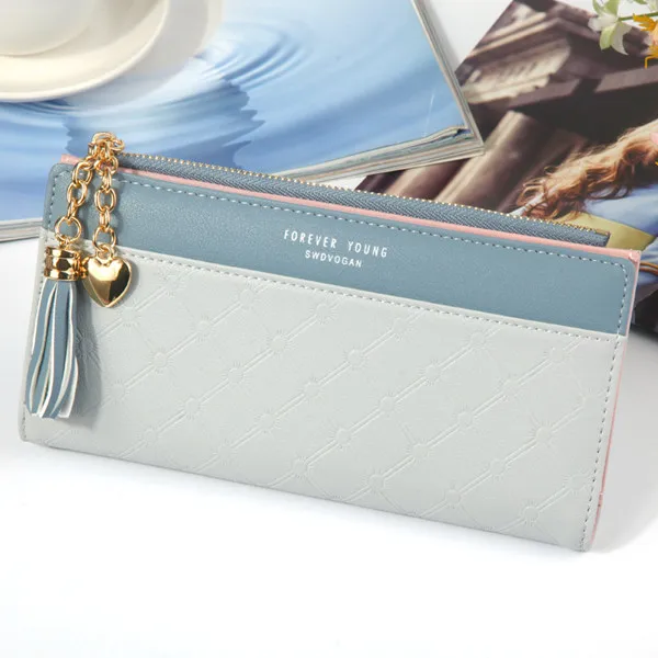 gray Модные кисточкой Portomonee длинный большой кожаный для женщин кошелек Cuzdan телефон мешок денег Валле портмоне сумки Walet держатель для карт - Цвет: gray