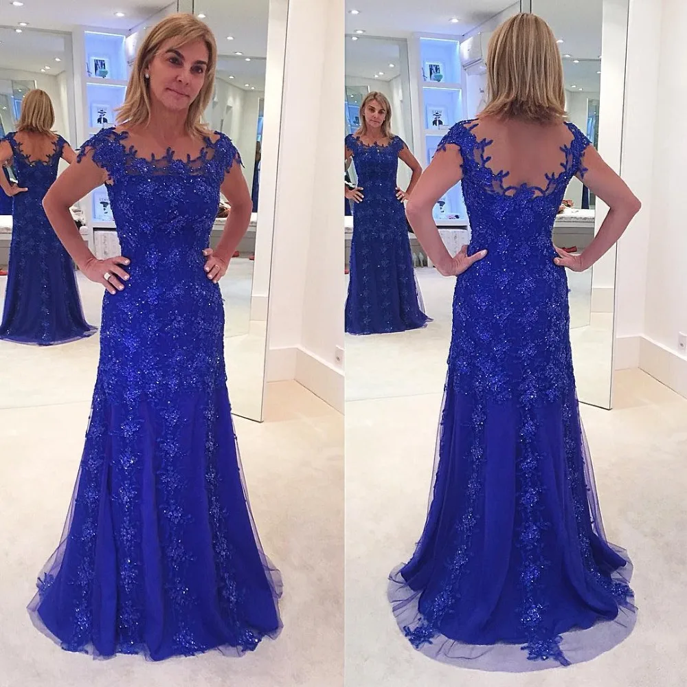 

Royal Blue Mother Of The Bride Dresses Mermaid Cap Sleeves Tulle Lace Beaded Wedding Party Dress Mother Dresses For Wedding
