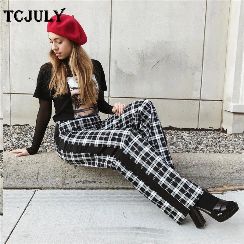 TCJULY Новое поступление модные клетчатые брюки с прямой молнией сзади дизайн черные полосы лоскутное женские брюки уличные брюки