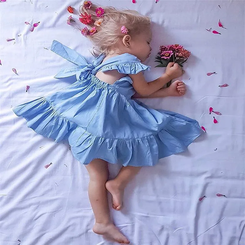 1-5 Years Fashion Baby Girls Dress Summer Ruffle Short Sleeve Kids Dresses For Solid Blue Casual Princess Girl Kid | Детская одежда и