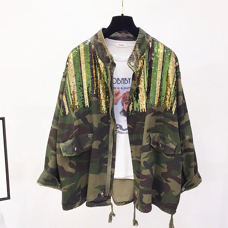 camouflage Модная блестящая джинсовая куртка в полоску с блестками, Женская камуфляжная куртка армейского зеленого цвета, Повседневная Верхняя одежда с блестками и длинным рукавом - Цвет: camouflage