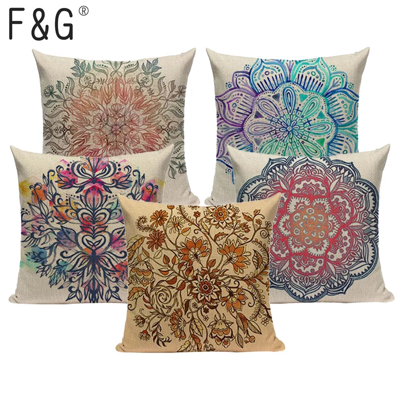 Медальон и изображениями красочного цветка чехол для подушки из хлопка льна