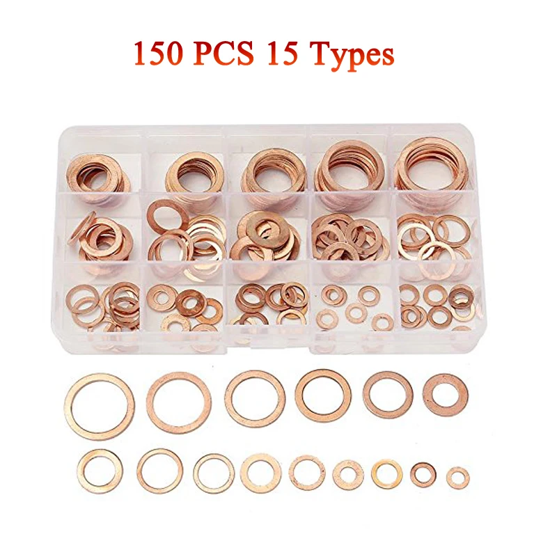 

150 PCS Copper Flat Washer Metric Sealing Washers Assortment Set 15 Sizes Assorted Copper Washer Gasket Set Flat Ring Seal Assor