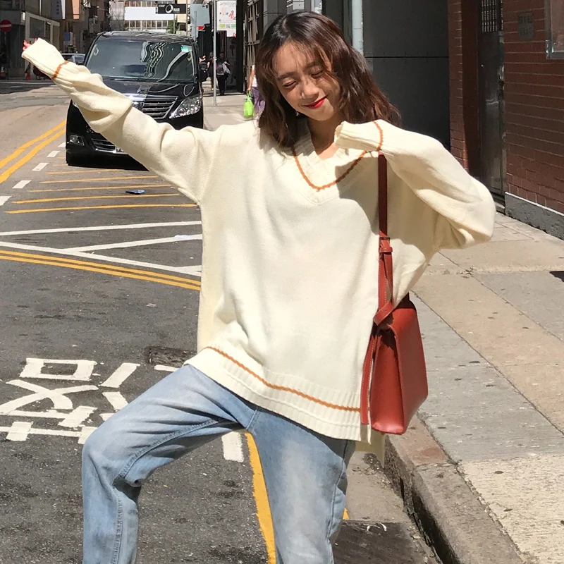 High Quality Autumn Winter Warm Sweater Women New Stripes Loose V Collar Pullover Female Vintage Long Sleeve Girl Tops | Женская одежда