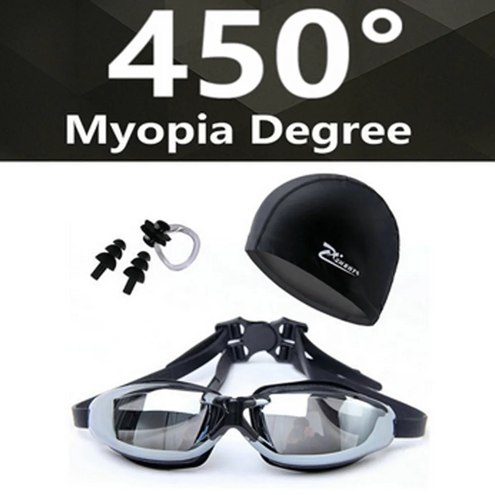 Myopia 450 black Плавательные очки Комплект из 3 предметов мужские профессиональной близорукости плавательные очки зажим для носа беруши для плавания ПУ шапки Водонепроницаемый Анти-туман УФ Очки для плавания маски - Цвет: Myopia 450 black
