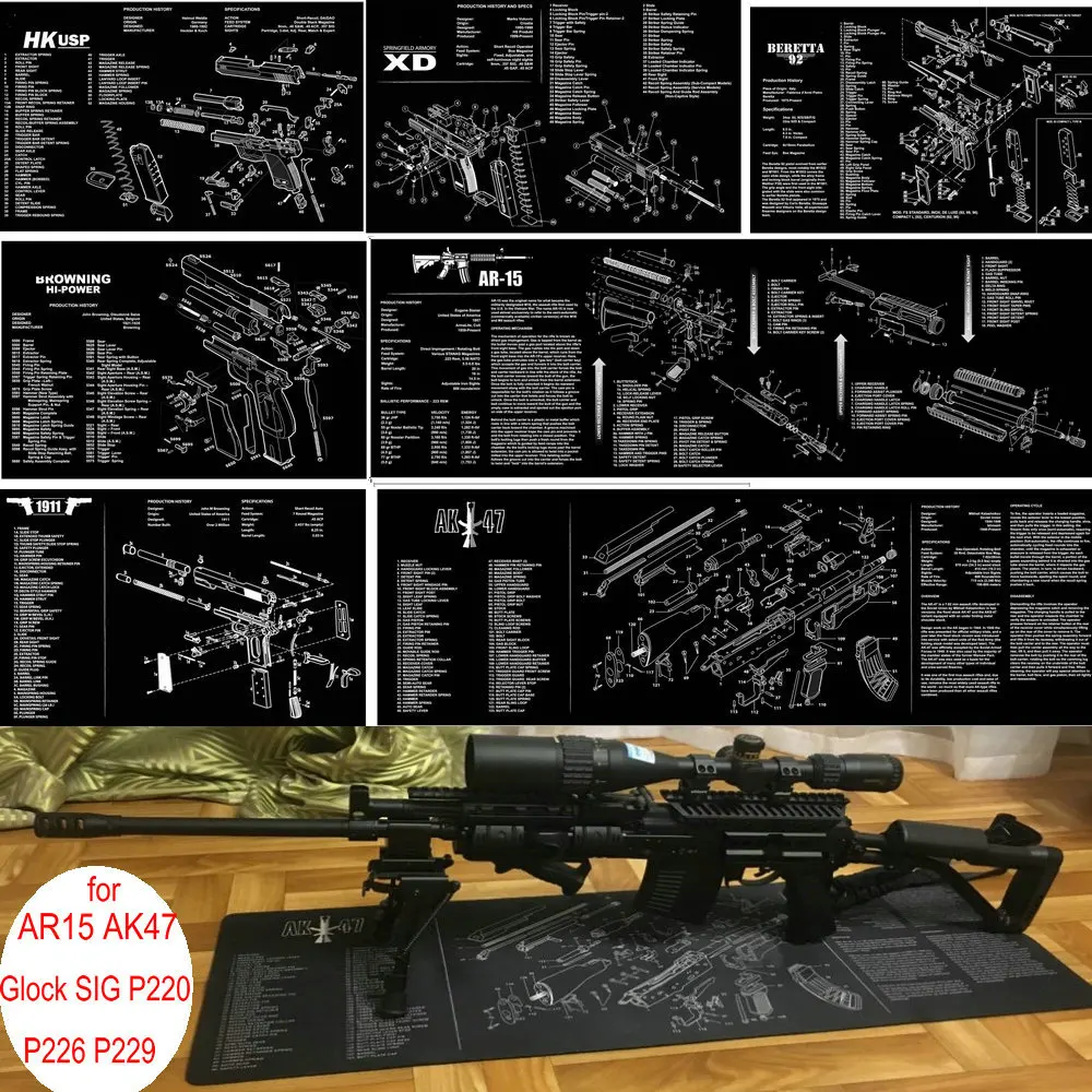Резиновый коврик для чистки ружья AR15 AK47 со схемой деталей и инструкциями