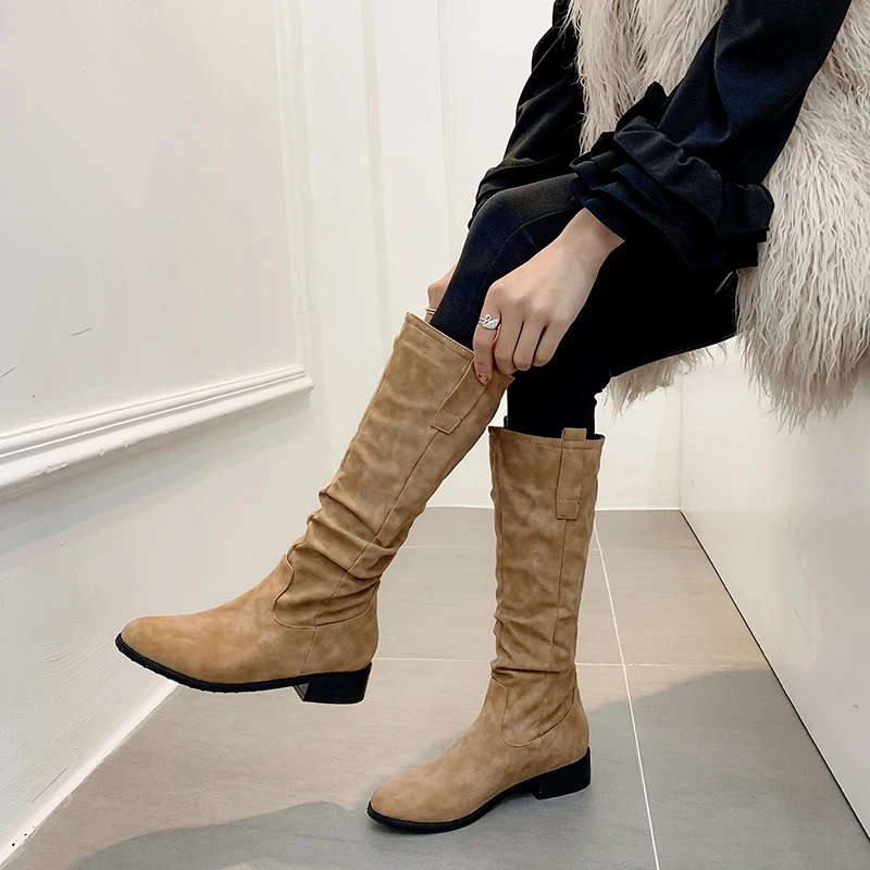 

WETKISS Low Heels Boots Women Knee High Boot Round Toe Shoes Female Pleated Shoes Ladies Zip Shoes Winter 2019 Plus Size 32-46