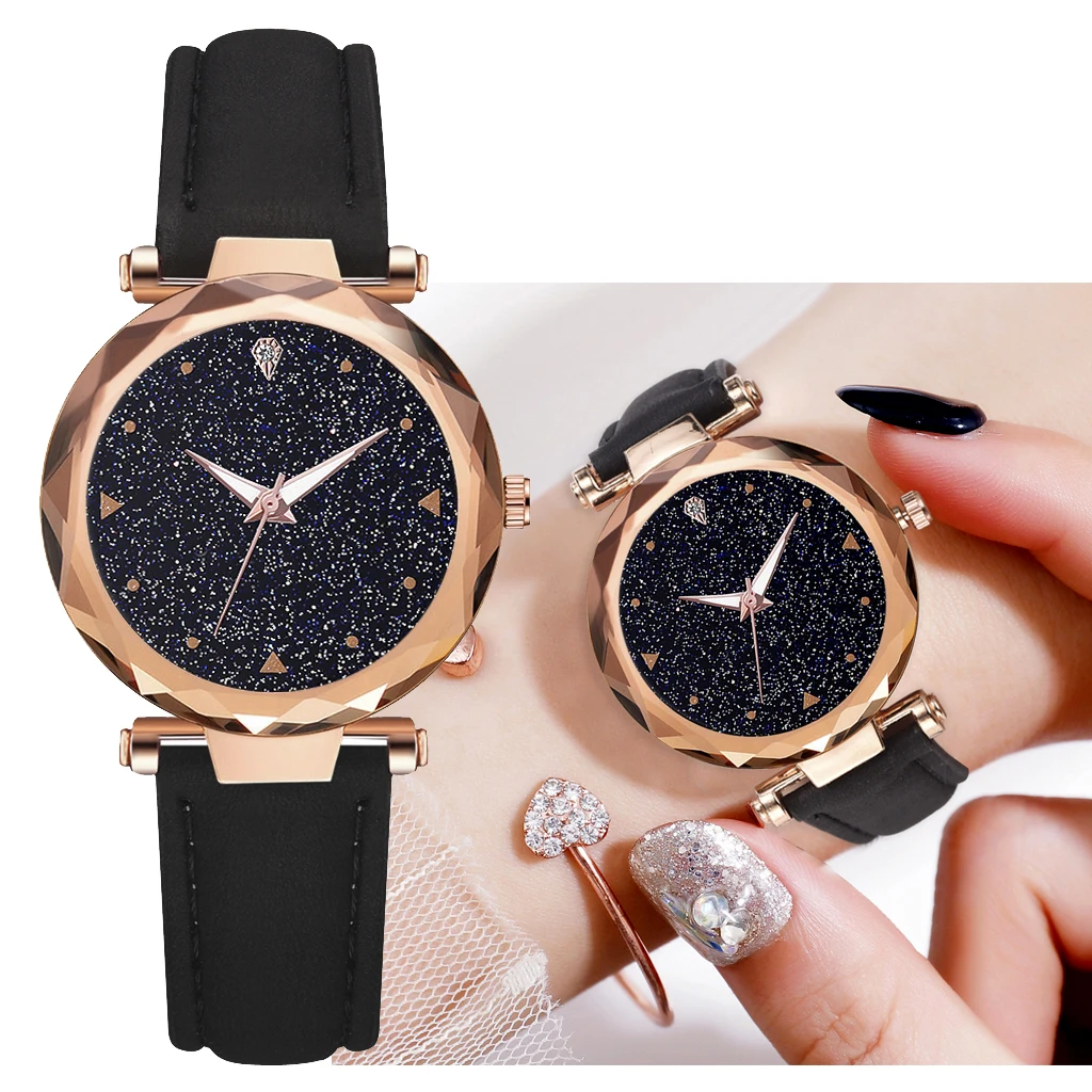 Часы наручные женские кварцевые со звёздным небом с кожаным ремешком|Женские