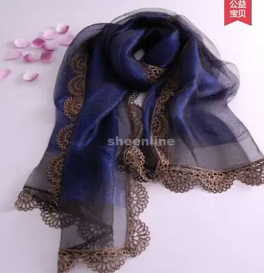 B11 blue black 22 цвета высокого качества, блестящие двухслойный шелк органза длинный шарф осень зима теплая обертка этнические пашмины с кружевной окантовкой - Цвет: B11 blue black