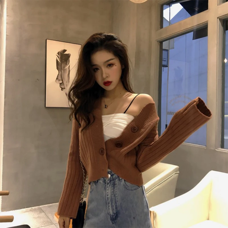 Черный белый короткий свитер Mujer V шеи длинный рукав укороченные кардиганы