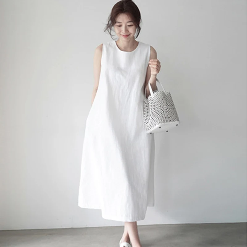 Летнее повседневное длинное белое платье без рукавов женское хлопковое льняное