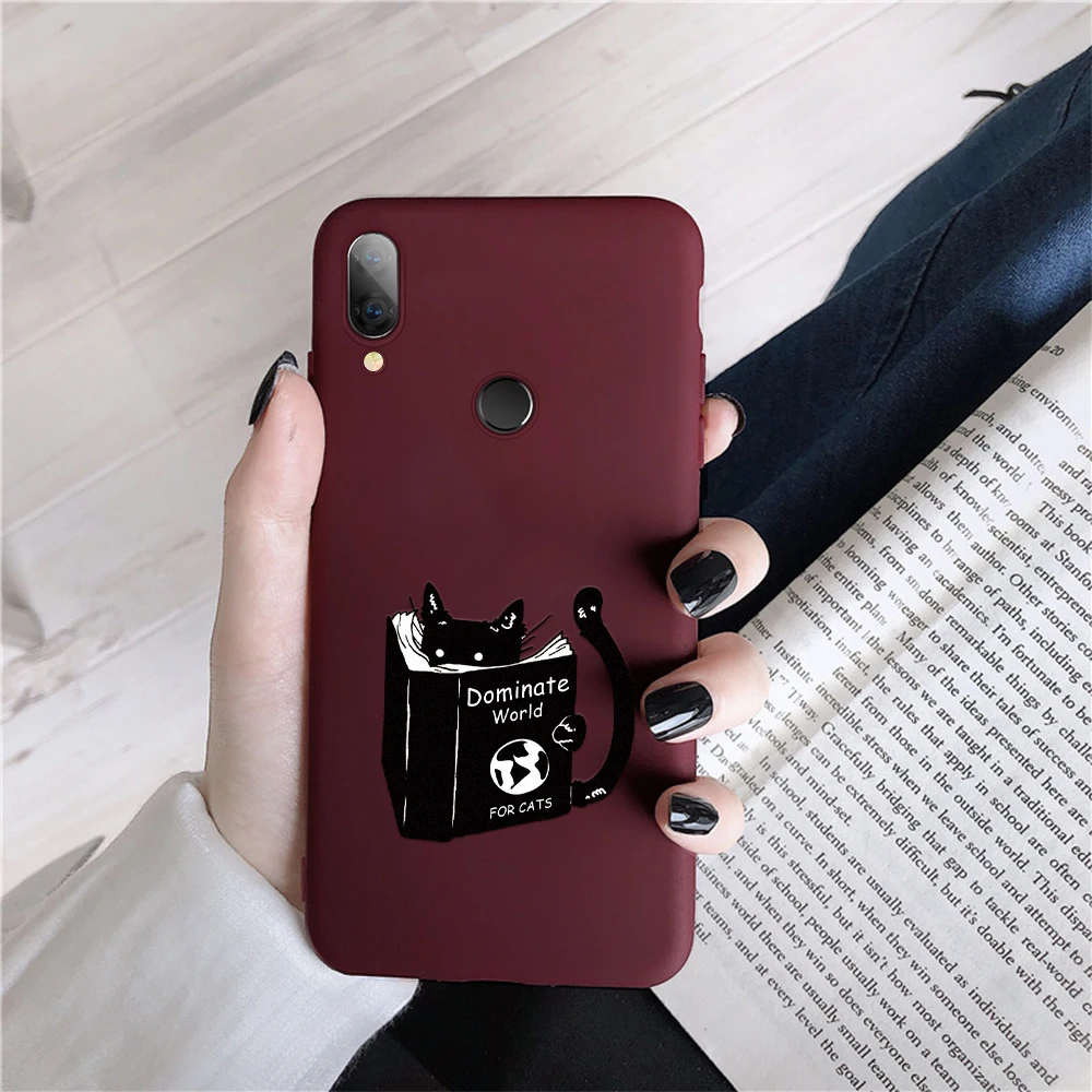 Phone case For Huawei Nova 5i 3E 4E P20 P10 P30 Lite Pro 2019 Claret Red Cartoon Love Heart Cat Pattern Silicone Back cover |