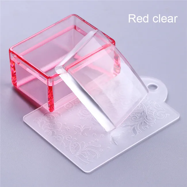 Red clear 1 шт. красный синий Прозрачная Ручка прямоугольник силиконовый Стэмпер для ногтей желе голова с скребком инструмент для дизайна ногтей - Цвет: Red clear