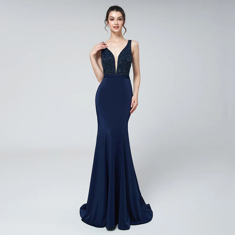 Navy Blue Сексуальные длинные платья с v-образным вырезом для выпускного вечера с бисером Топ атласный v-образный вырез Формальное женское вечернее платье Русалка платья Красный ковер платье OL504 - Цвет: Navy Blue