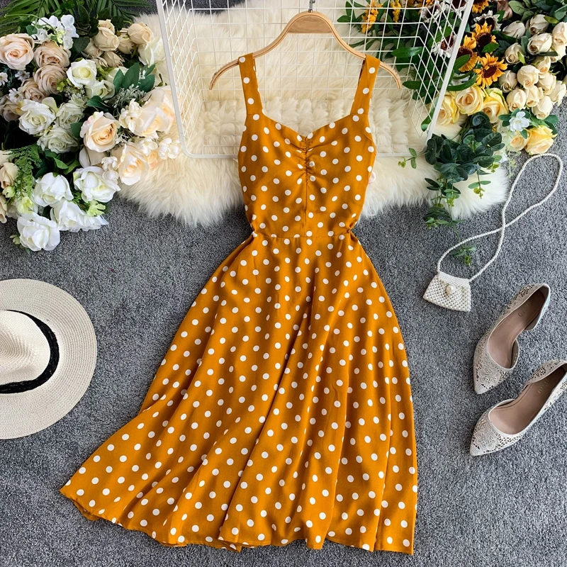 HISUMA 2020 летнее Новое Женское однобортное шифоновое платье в горошек с вырезами на