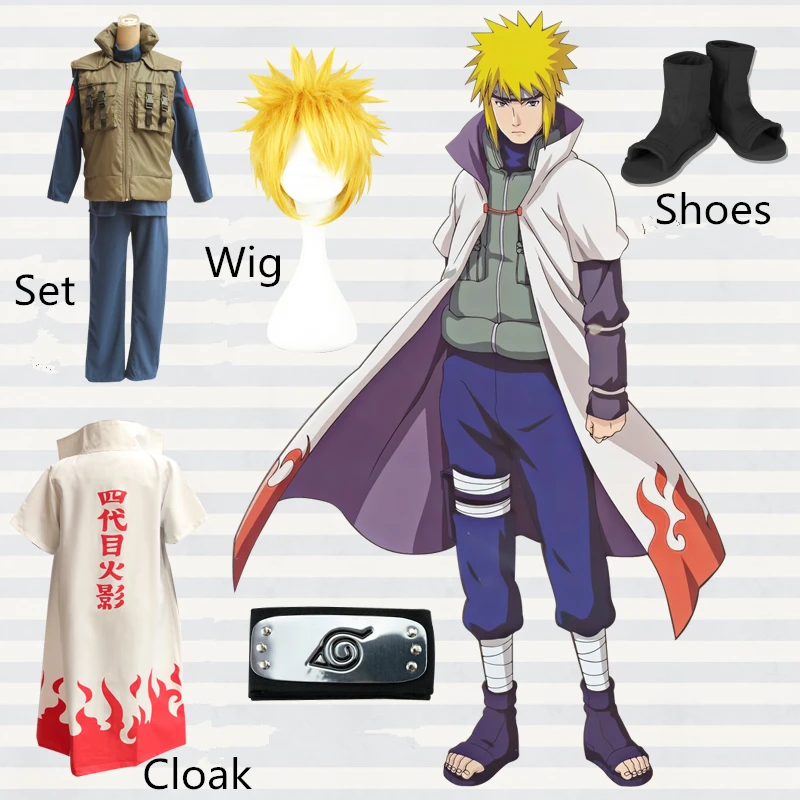 Карнавальный костюм Наруто Konoha Hokage Namikaze Minato на Хэллоуин, полный комплект(костюм+ жилет+ плащ+ повязка на голову+ обувь+ кунай+ сумка+ шурикен