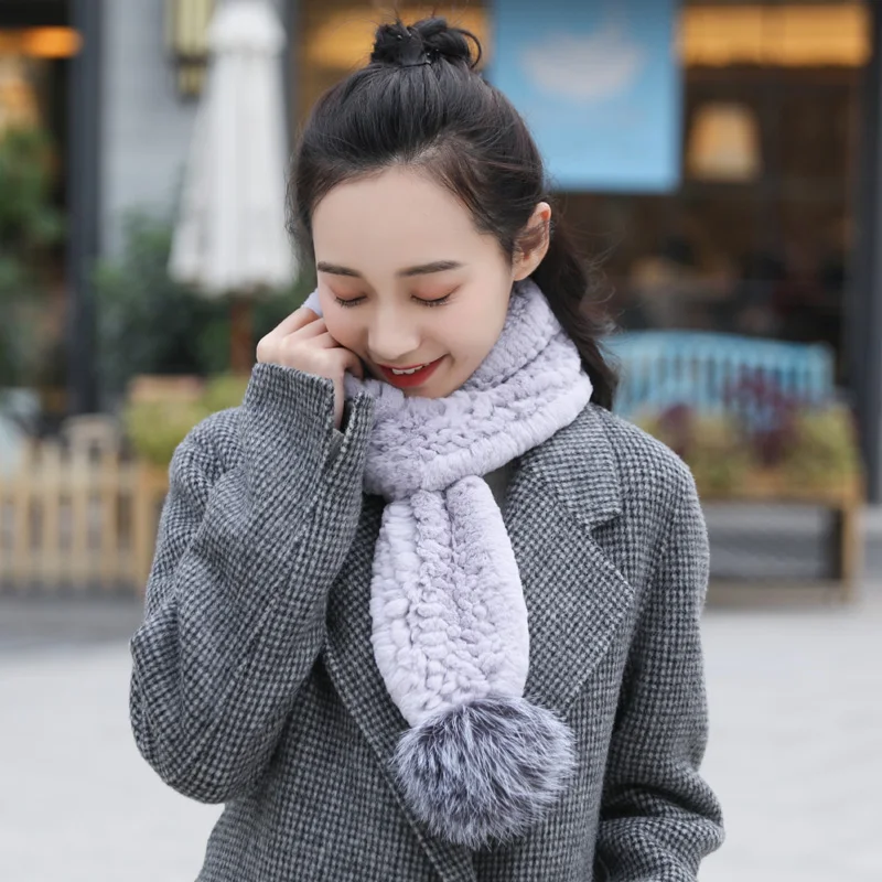 ZDFURS * Настоящий мех кролика шарф с серебряными помпонами лисы вязаный меховой