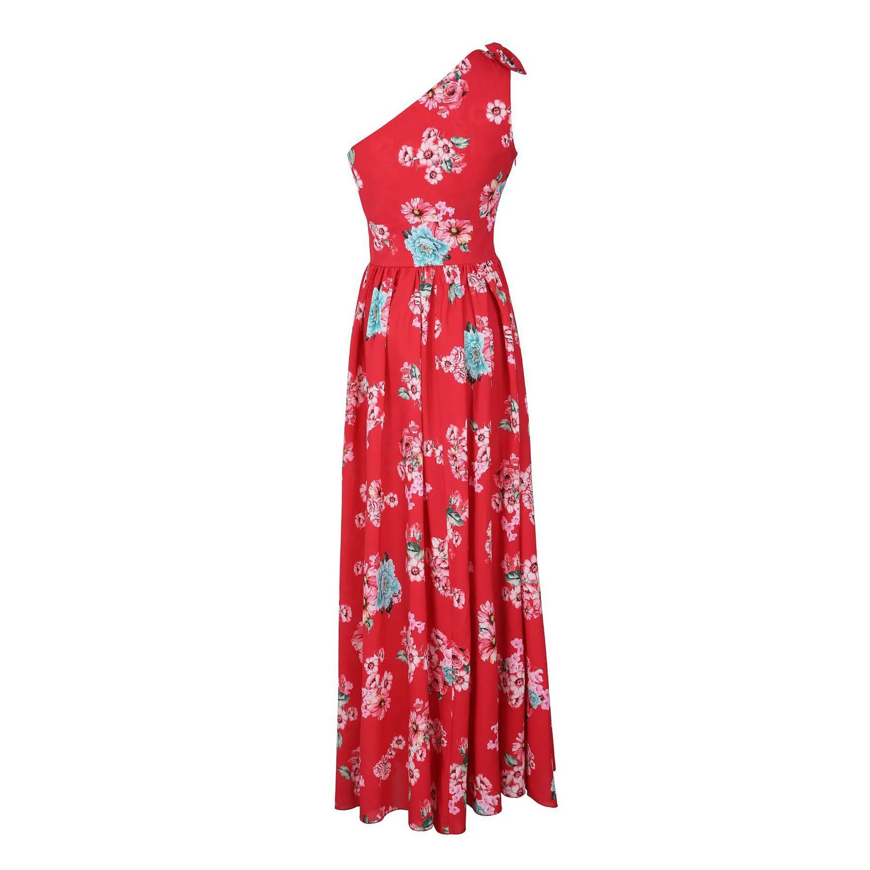 Женское платье с бантом на одно плечо длинное вечернее высоким разрезом и