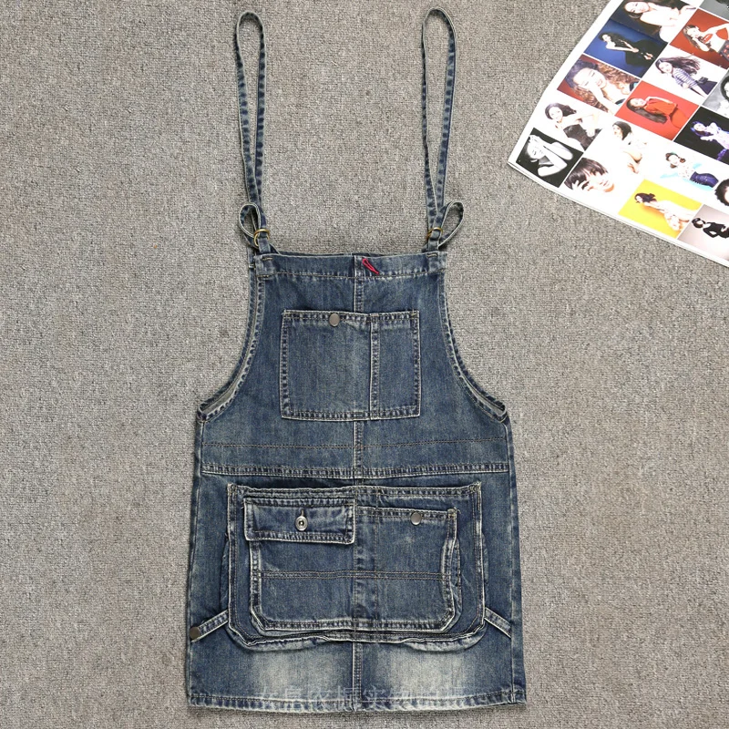 Женская джинсовая юбка с дырками винтажная рваная на подтяжках Модель 12 большого