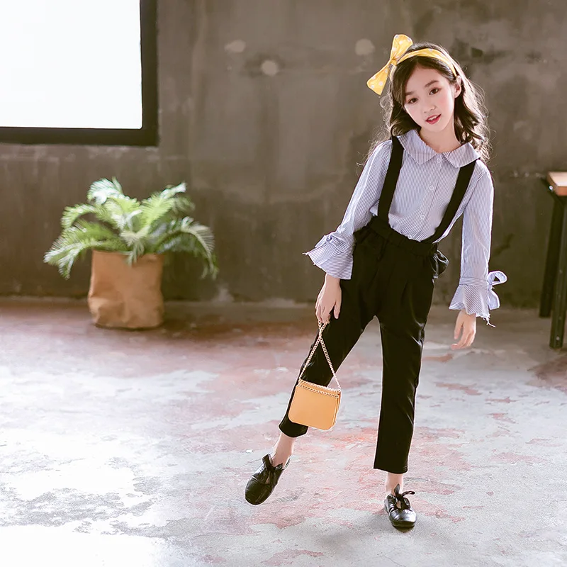 Милые комплекты одежды для маленьких девочек осенняя рубашка в полоску с