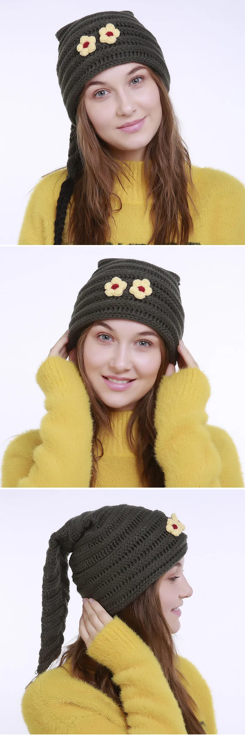 Женские шапочки Skullies, зимние шапки, теплые милые шапочки с цветком и длинным хвостом, модные женские шапки, кашемировая вязаная шапка