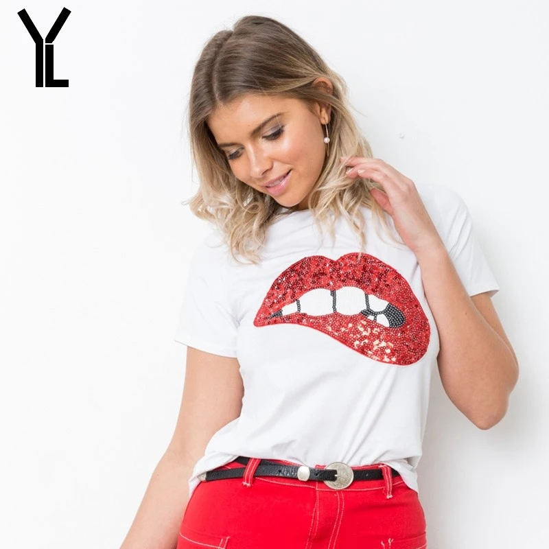 2018 женская футболка модная новая стильная сексуальная с принтом блестками и