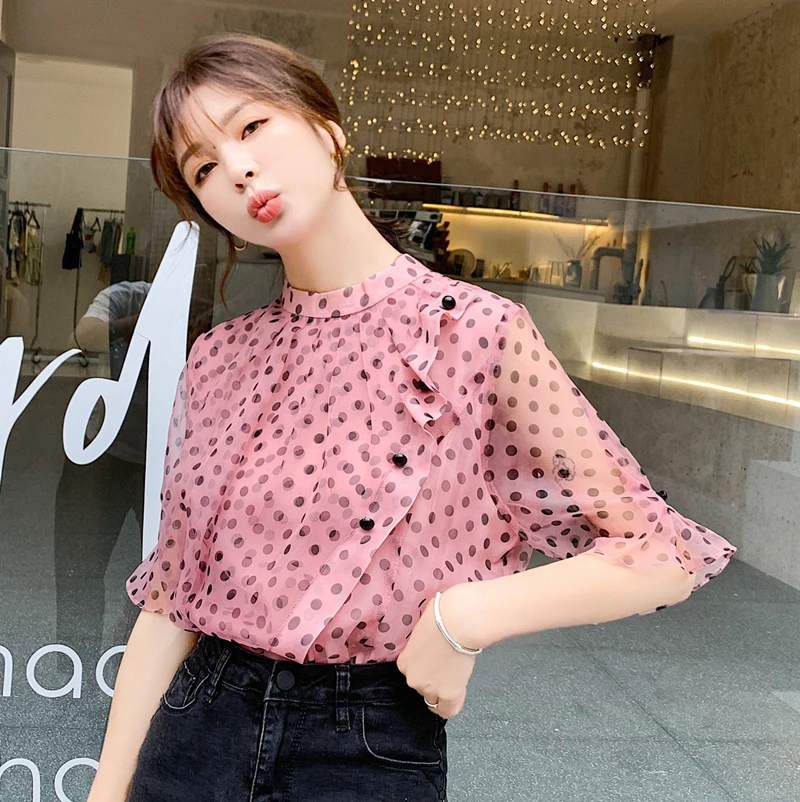 Летняя Новинка женские шифоновые блузки рубашка женский топ в горошек шифон