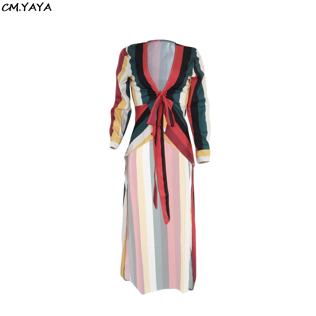 Женское длинное платье в полоску с глубоким V образным вырезом и длинным рукавом