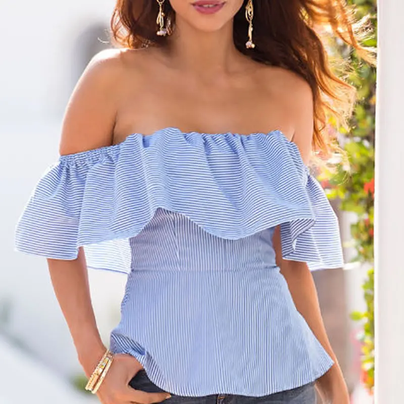 Женская блузка летняя 2017 с рюшами открытыми плечами Blusas повседневная коротким