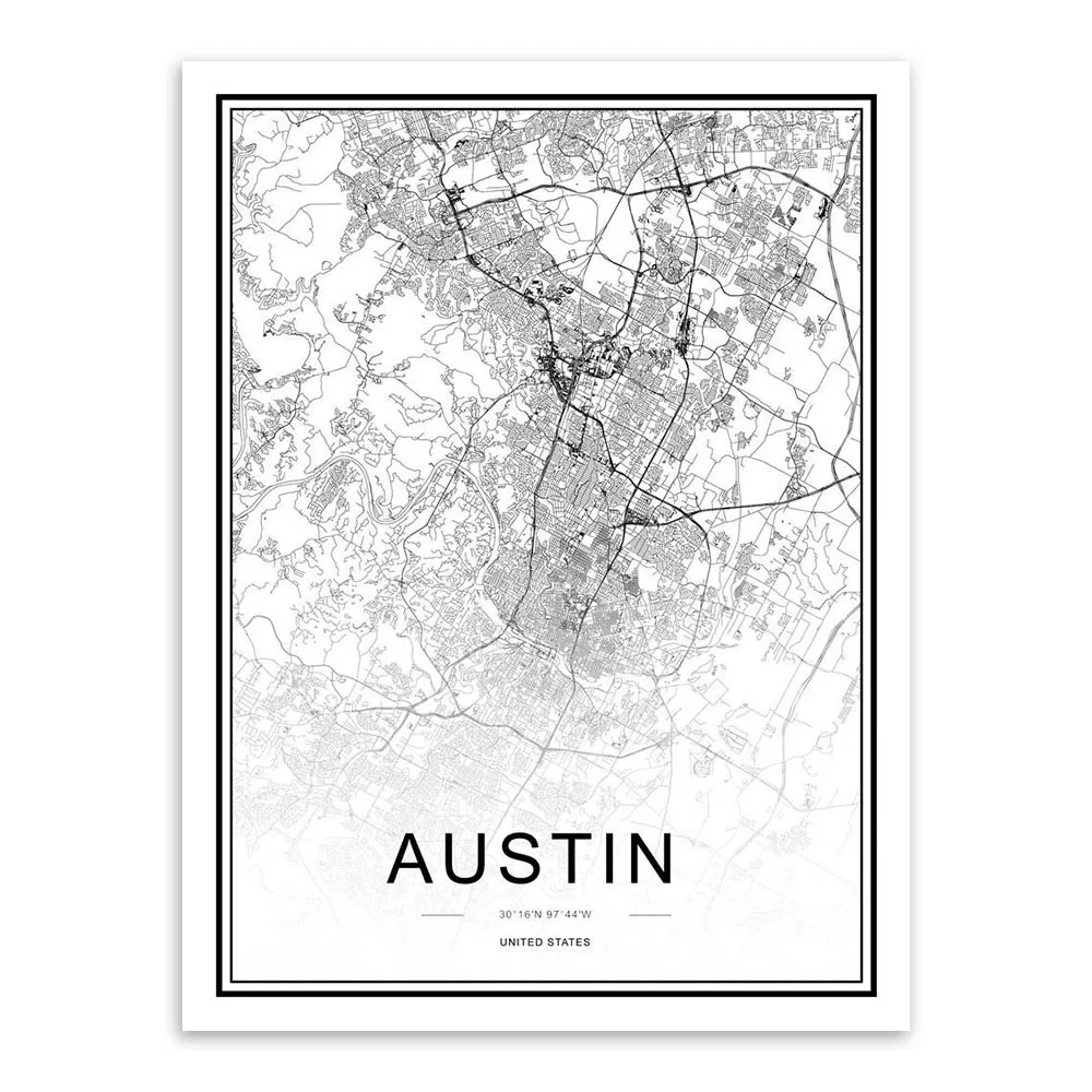 Austin Черно-белые карты мира, города, шёлка, постеры, принты в скандинавском стиле, для гостиной, настенные художественные картины, Декор, холст, живопись - Цвет: Austin