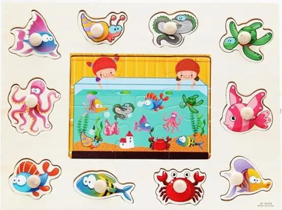 3004 Sea Puzzle Детские игрушки Монтессори деревянная головоломка ручной захват доска обучающая деревянная игрушка мультфильм автомобиль морские животные головоломка детский подарок GYH - Цвет: 3004 Sea Puzzle