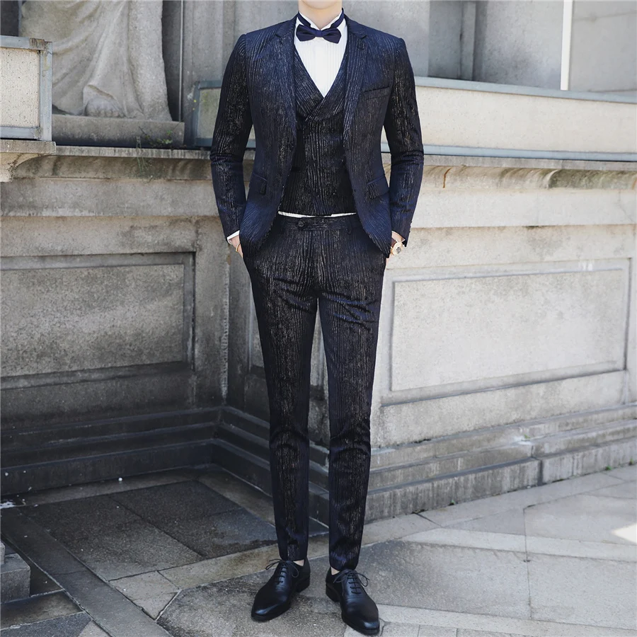 Вечерние костюмы для выпускного для Для мужчин Slim Fit Комплект из 3 предметов бархатный костюм Человек Свадебный костюм Homme Mariage элегантный приличный костюм к ужину мужской Q673