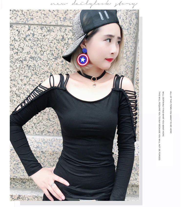 Korean Patchwork Sexy Hollow Out Shoulders Lace Tshirt New Autumn Women Top Long Sleeve Clothes Shirt Camiseta Mujer T97208