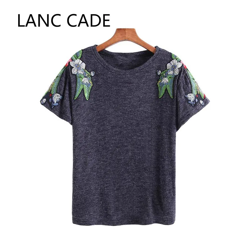 LANC Кейд Повседневная цветочной вышивкой вязаная футболка see through Круглая