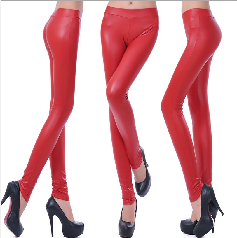 Женские леггинсы из искусственной кожи кожаные брюки с заниженной талией яркие