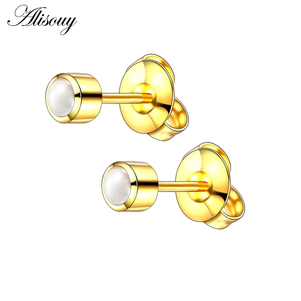 Gold-White 2 шт стальные серьги-гвоздики, пирсинг для ушей, камень по месяцу рождения, драгоценный камень, серьги-гвоздики, серебро/золото, цветные серьги-гвоздики, ушной хрящ, ювелирные изделия для тела - Окраска металла: Gold-White