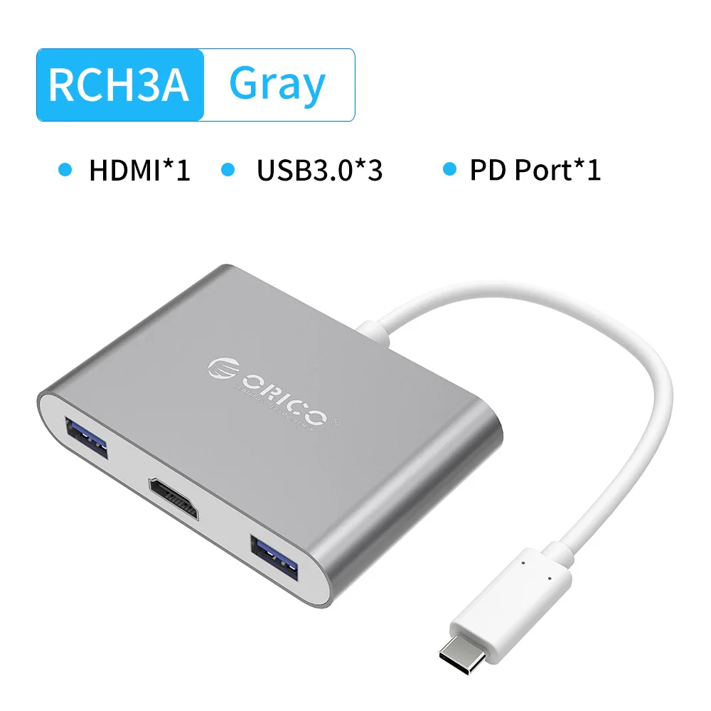 RCH3A Gray ORICO Алюминиевый USB C концентратор тип-c к HDMI/VGA/USB3.0/RJ45/SD TF кард-ридер PD зарядный адаптер для ноутбуков Macbook Аксессуары - Цвет: RCH3A Gray