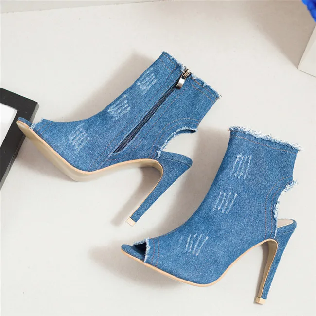light blue Женские босоножки на очень высоком каблуке 10 см; джинсовые туфли на шпильке; Летняя женская обувь на молнии; Sandalias - Цвет: light blue