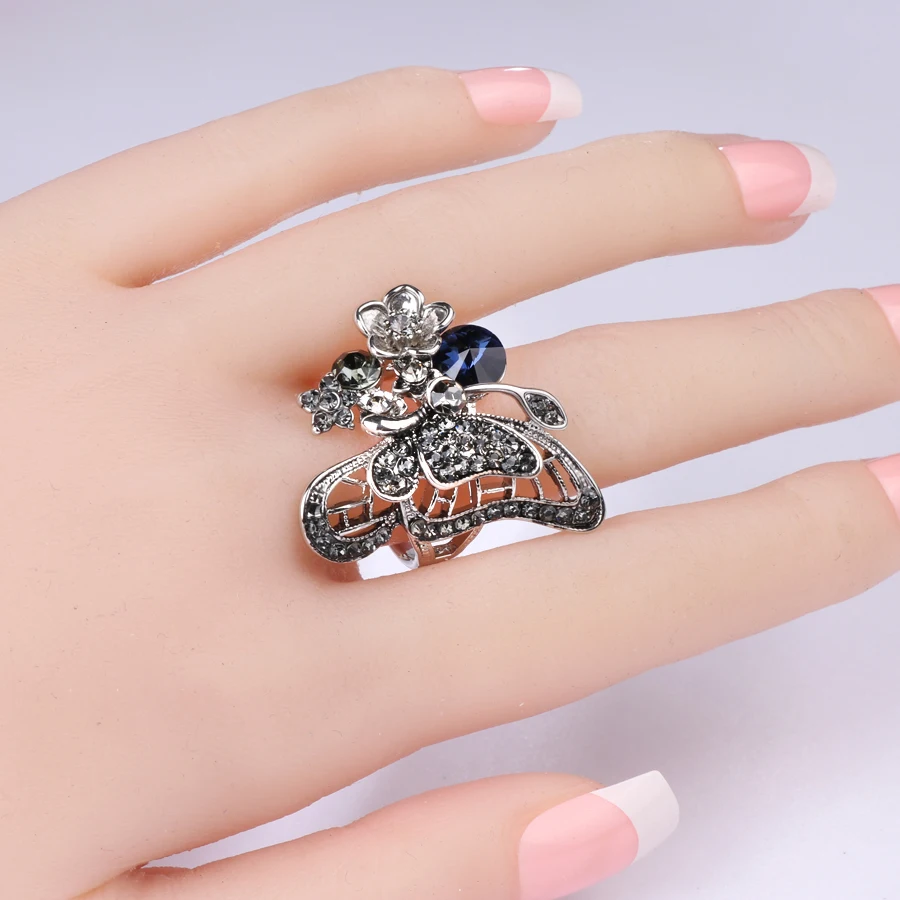 Модное большое кольцо с бабочкой и цветком серебряного цвета мозаичные черные