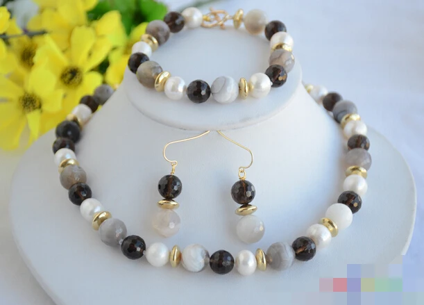 12628 круглый граненый агат дымчатый кварц белый жемчуг ожерелье браслет |