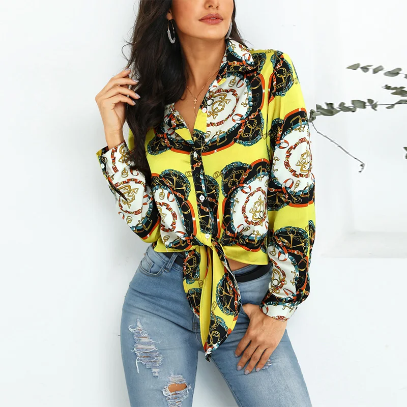 Женская элегантная рубашка в стиле ретро с узлом спереди Повседневная офисная